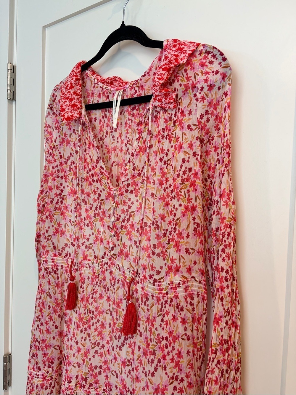 Anthropologie Floral Tiered Maxi Dress Pink Boho Cottagecore Tassel Tie Medium - Picture 3 of 13